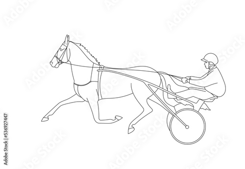 Coloring page outline of jockey and trotter, move forward at a wide trot