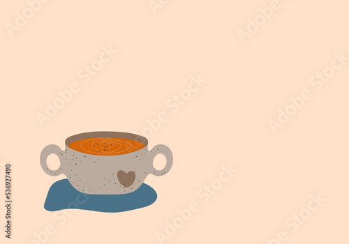 Rustic pumpkin soup flat vector illustration. Autumn winter cosy background