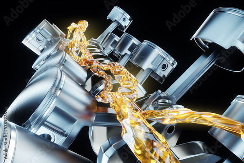 Engine oil, lubrication. Pistons, connecting rods and crankshaft of an internal combustion engine. work, V-12, repair, car. 3D rendering, 3D illustration.