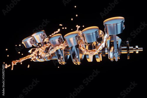 Engine oil, lubrication. Pistons, connecting rods and crankshaft of an internal combustion engine. work, V-12, repair, car. 3D rendering, 3D illustration.