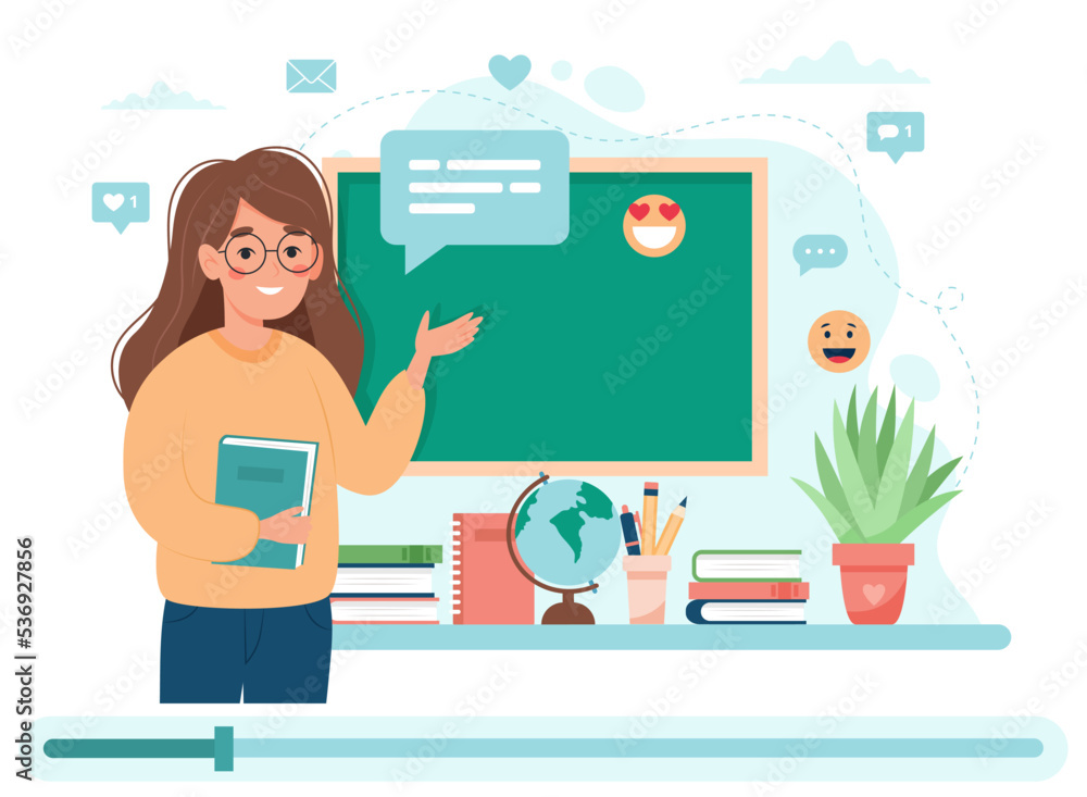 inar online education. Female teacher explaining, video on screen