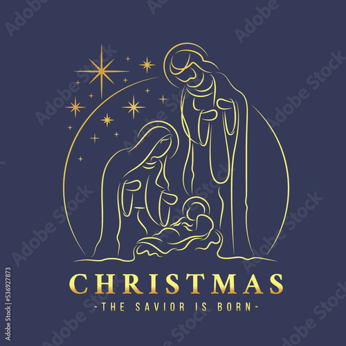 christmas the savior is born abstract gold line drawing The Nativity with mary and joseph in a manger with baby Jesus on dark background vector design