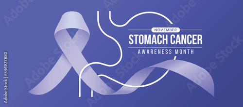 Stomach cancer awareness month - Periwinkle awareness ribbon waving roll around line stomach sign on dark purple background vector design