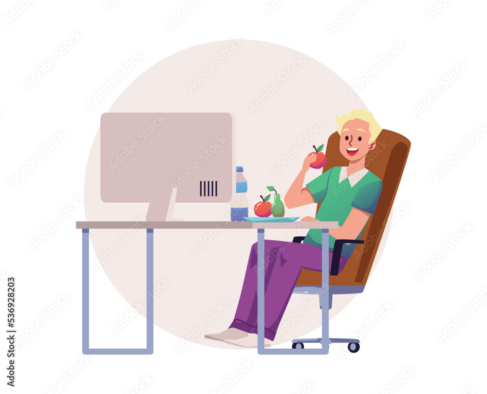 Happy boy working and eating apple flat style, vector illustration Happy boy working and eating apple flat style, vector illustration