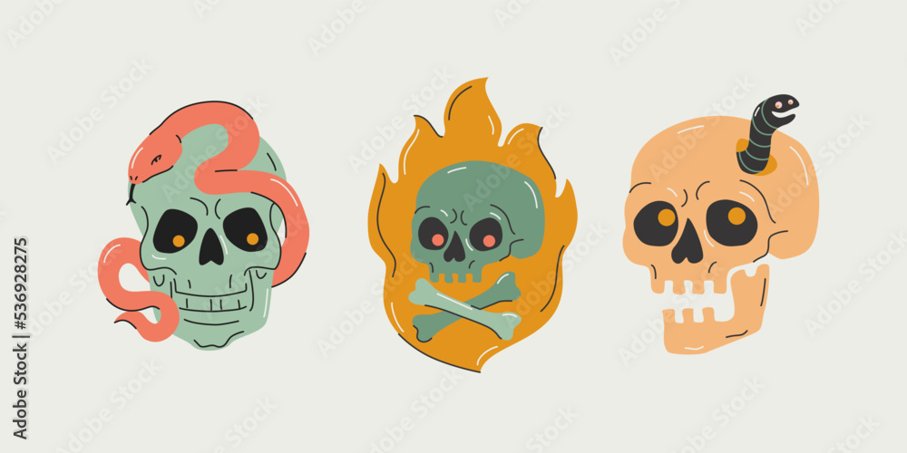 Cartoon skull set. Funny skulls with crossbones, flames, snake, worm.