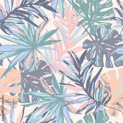 Hand drawn tropical leaves background. Tropics jungle leaves grunge sketch seamless pattern.