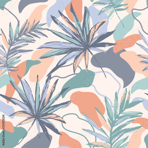 Grunge tropical leaves sketch drawing on abstract foliage background. Collage...