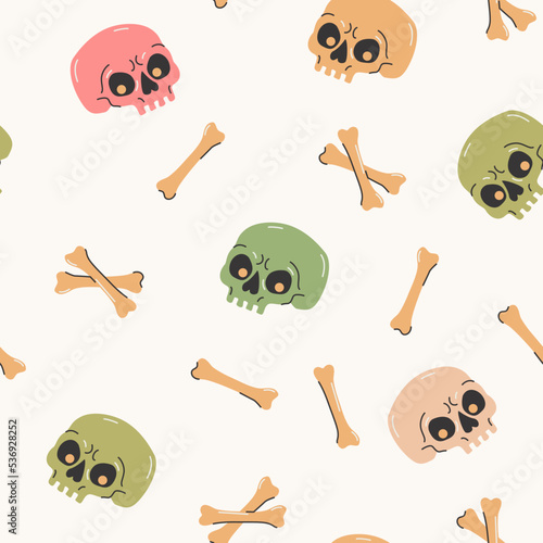 Cartoon funny skulls with colorful bones, crossbone seamless pattern. Skull and bone background.