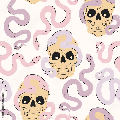 Cartoon funny skulls with colorful snakes seamless pattern. Skull background.