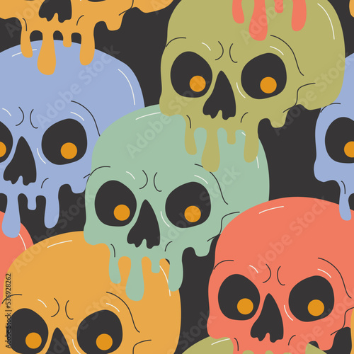 Psychedelic drippy paint skull seamless pattern. Acid abstract dead character in cartoon style on dark background