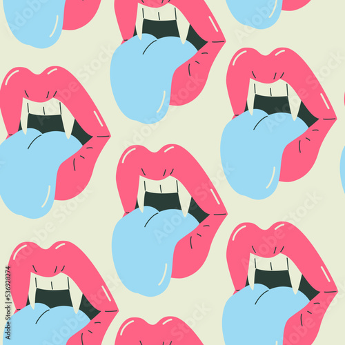 Female vampire lips seamless pattern. Funky cartoon womans open mouth with tongue, Dracula teeth background.