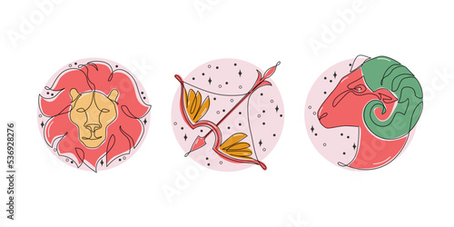 Astrological fire element zodiac signs vector illustration. Horoscope symbols, icons set