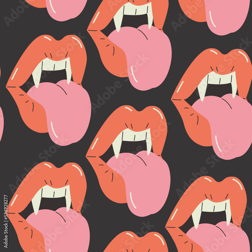 Female vampire lips seamless pattern. Funky cartoon womans open mouth with tongue, Dracula teeth background.