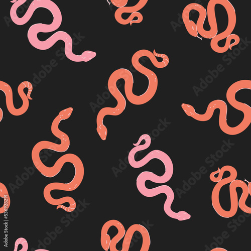 Cartoon funny colorful snakes seamless pattern. Animal print background.