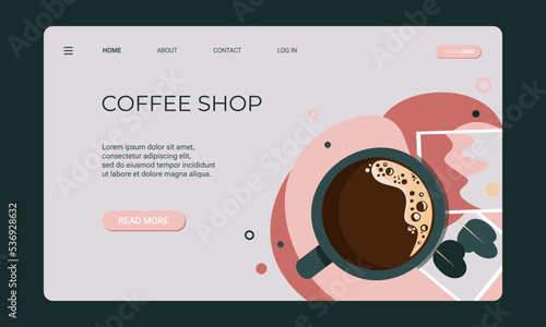 Coffee shop banner template, shop website, landing page background and mobile app. Green cup with saucer and black coffee. Coffee cup and pictures