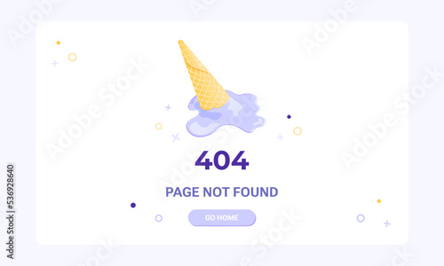 Page not found banner template. Web page with 404 error. Flat illustration of  ice cream melting and spilling from the waffle cone for design template of fail and error 