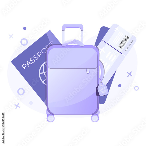 Travel, summer holidays, booking, planning a vacation and tourism concept with suitcase on wheels, passport and airline tickets