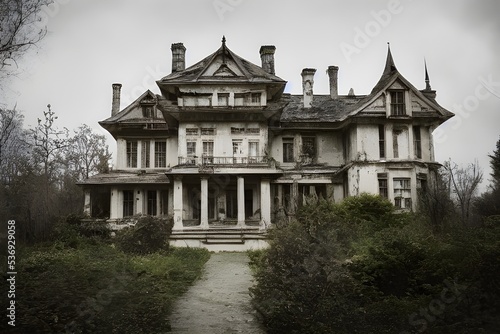 A creepy  crumbling haunted house. 