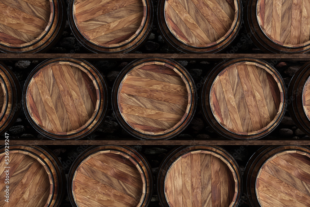 Wooden barrels for wine on a black background. Winemaking, wine. The concept of the production of alcoholic beverages. 3D rendering, 3D illustration.