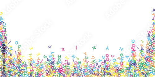 Falling letters of English language. Colorful sketch flying words of Latin alphabet. Foreign languages study concept. Favorable back to school banner on white background.