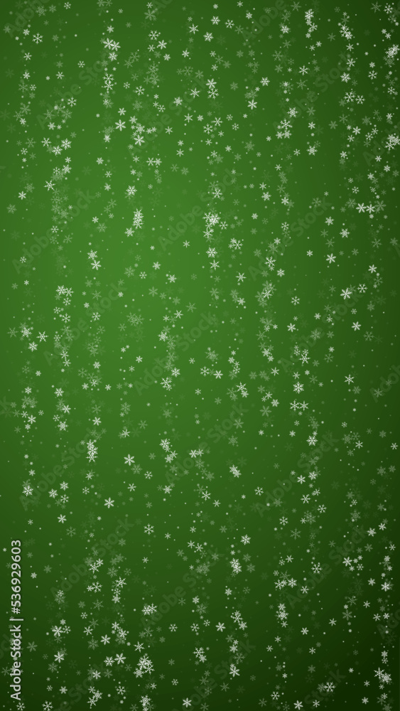 Snowfall overlay christmas background. Subtle flying snow flakes and stars on christmas green background. Festive snowfall overlay. Vertical vector illustration.