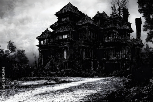 A creepy, crumbling haunted house.