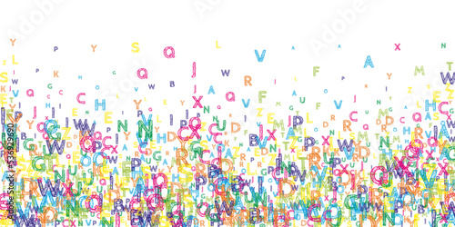 Falling letters of English language. Bright handdrawn flying words of Latin alphabet. Foreign languages study concept. Neat back to school banner on white background.