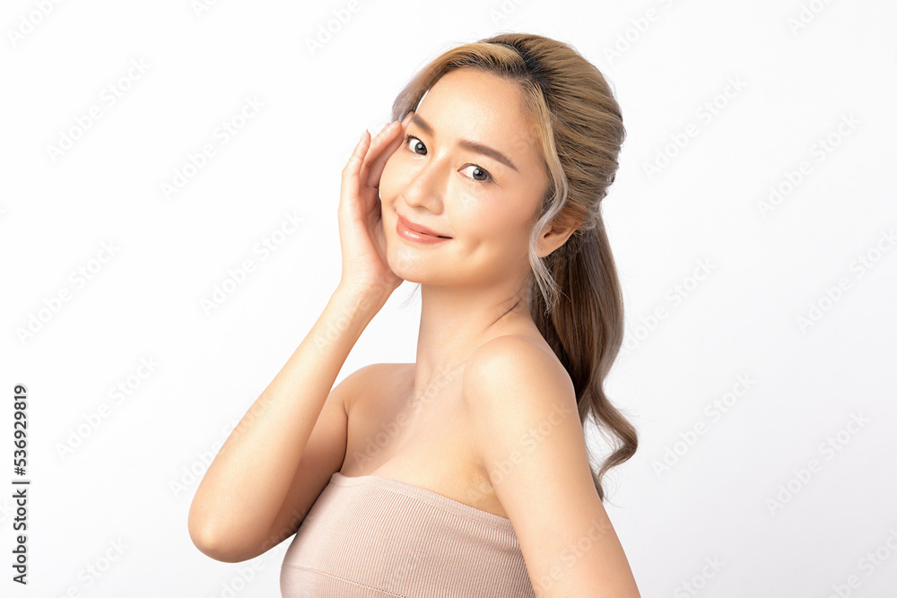Happy beautiful young asian woman clean fresh bare skin concept. Asian girl beauty face skincare and health wellness, Facial treatment, Perfect skin, Natural make up. Isolated on white background. Happy beautiful young asian woman clean fresh bare skin concept. Asian girl beauty face skincare and health wellness, Facial treatment, Perfect skin, Natural make up. Isolated on white background.