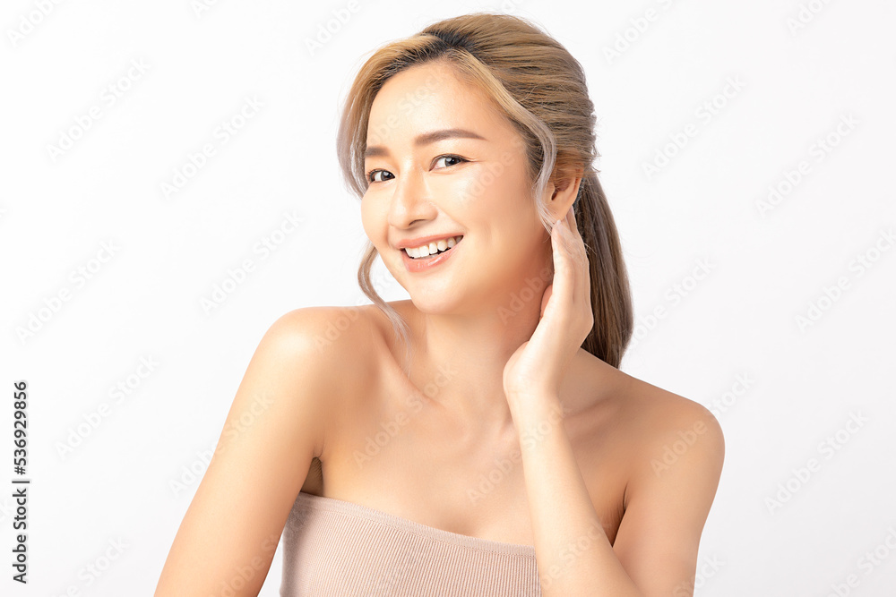 Happy beautiful young asian woman clean fresh bare skin concept. Asian girl beauty face skincare and health wellness, Facial treatment, Perfect skin, Natural make up. Isolated on white background. Happy beautiful young asian woman clean fresh bare skin concept. Asian girl beauty face skincare and health wellness, Facial treatment, Perfect skin, Natural make up. Isolated on white background.