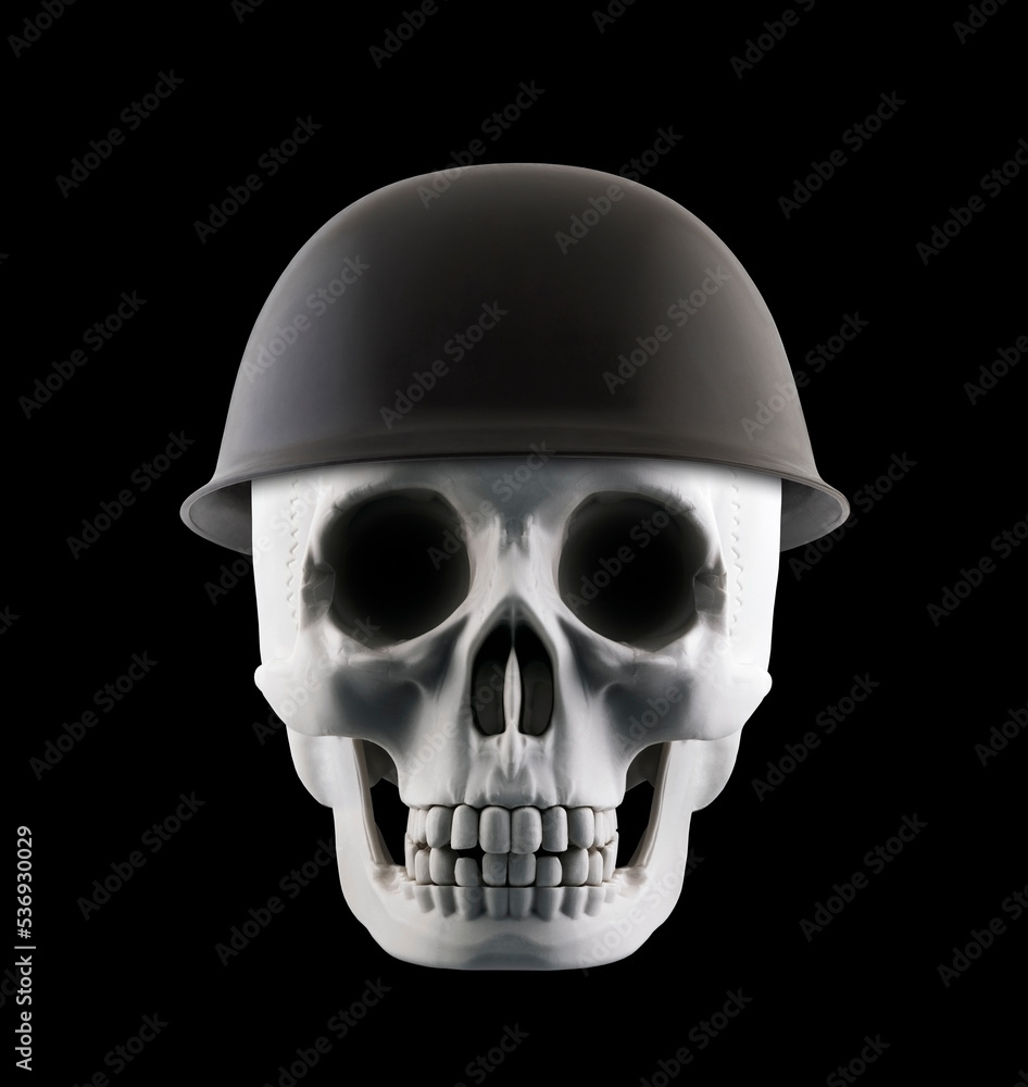 Obraz premium Human skull with military helmet isolated on black background