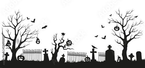 Halloween cemetery silhouette. Cemetery graves and trees, graveyard fence and crosses, Jack o lanterns pumpkin carving scary faces, flying bats and crows vector background, panorama silhouette