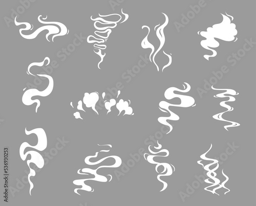 Cartoon smoke effects, food flavor, coffee and tea steam. White vector aroma or toxic clouds, vapour or dust trails. Flow mist or smoky chemical steam, isolated comic boom steaming
