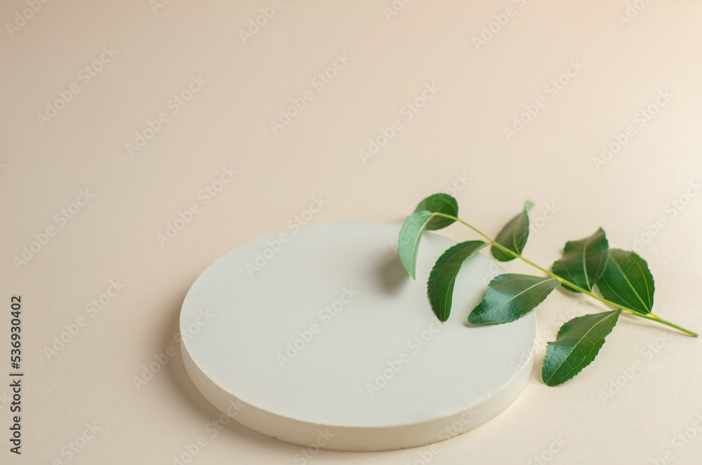 Gypsum podium for the presentation of cosmetic products. Large beige round advertising stand with green leaves. Podium plan for the presentation of cosmetic products and exhibitions Gypsum podium for the presentation of cosmetic products. Large beige round advertising stand with green leaves. Podium plan for the presentation of cosmetic products and exhibitions