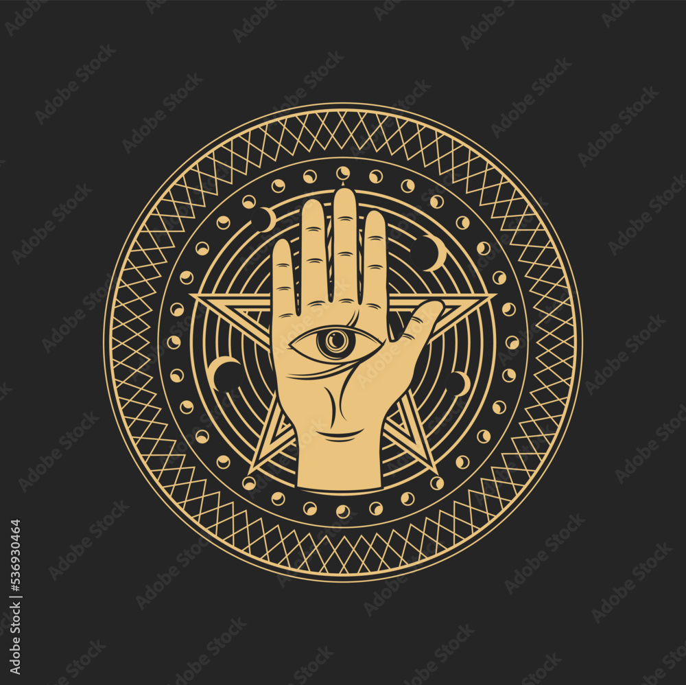 Occult esoteric symbol eye in human hand and pentagram star inside of circle with moon