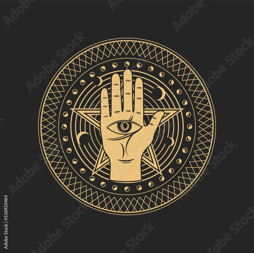 Occult esoteric symbol eye in human hand and pentagram star inside of circle with moon. Spiritual mason or tarot cards symbolic, isolated amulet, alchemy or palmistry sign