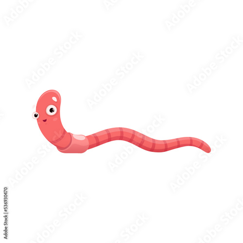 Funny worm cartoon character. Isolated vector garden earthworm personage crawl. Earth worm wildlife nature, insect, soil bug. Cute funny fishing lure, pink compost or dung invertebrate creature