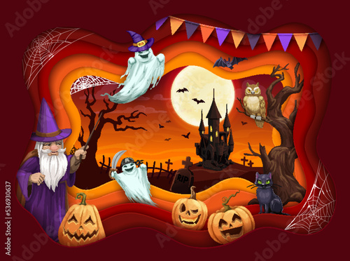Halloween paper cut background with pumpkin, sorcerer and ghost characters. Halloween papercut vector backdrop or wallpaper with wizard, witch black cat and ghost personages, cemetery and scary castle