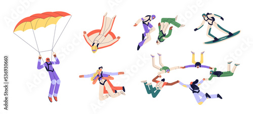 Parachuting, skydiving set. Parachutist, skydivers jumping, flying, landing, floating at height. Sky jumpers in action. Extreme sport activity. Flat vector illustrations isolated on white background