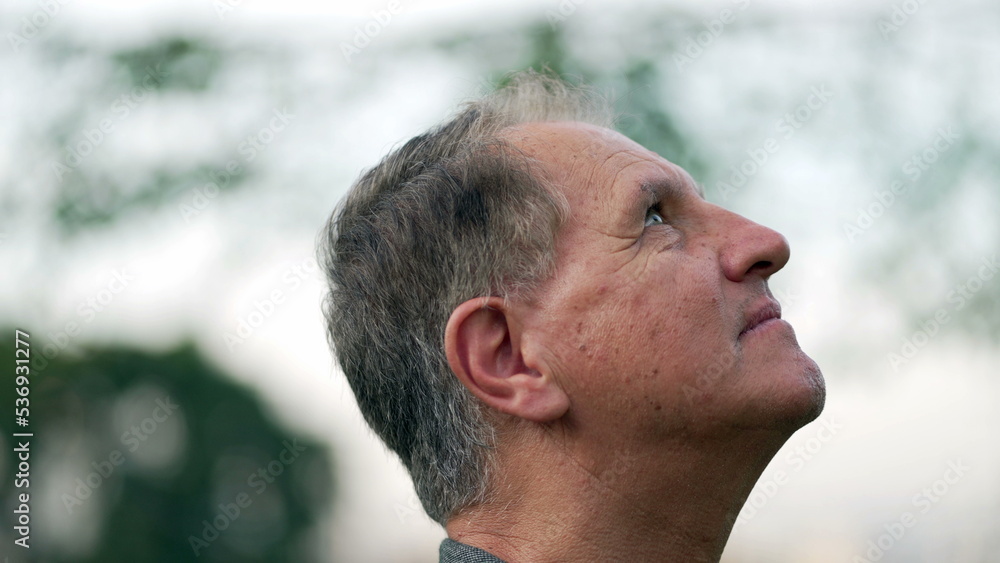 Meditative One senior man looking up at sky with serious expression. Hopeful older middle aged male person in contemplation standing outdoors Meditative One senior man looking up at sky with serious expression. Hopeful older middle aged male person in contemplation standing outdoors