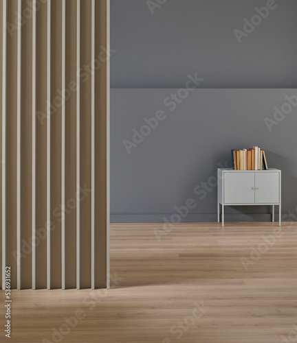 Fototapeta Naklejka Na Ścianę i Meble -  Grey and brown wall background style, cabinet, book and home accessory, vase of plant, armchair, blanket hang, interior room decoration.