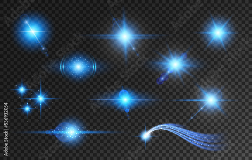 Blue lens flare, star light and glow. Spotlight white 3d flare or flash, lens transparent realistic vector blue glint or twinkles lines set. Light effect isolated radiance, flying in space comet tail
