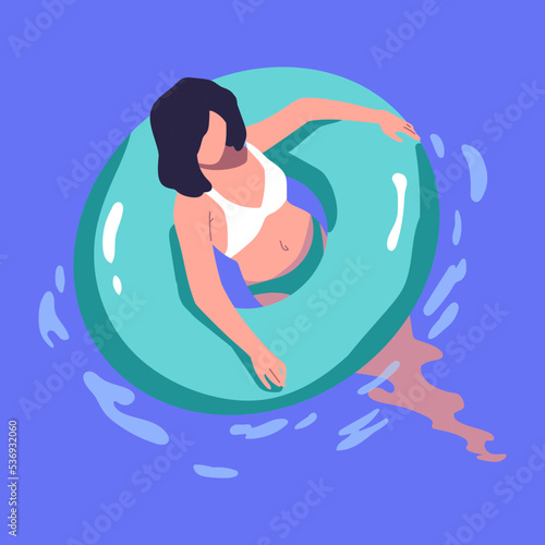 Woman in bikini swimming in inflatable rubber ring. Young girl in swimwear floating in pool, sea at summertime. Female character in swimsuit relaxing on summer holiday. Flat vector illustration