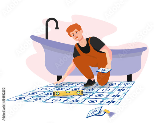 Worker putting the tile on the floor of the bathroom. Man repairing floor. Flooring, design. Plumbing services. Renovation, repair works. Advertisement, banner. Flat vector illustration.