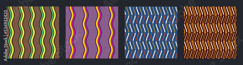 Set of four seamless african fashion vector patterns with regularly repeating wavy lines, stripes. Bright colors. Color illustrations.