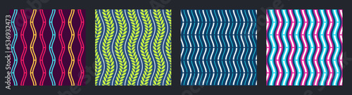 Set of four seamless african fashion vector patterns with regularly repeating wavy lines, stripes, leaves. Color illustrations.