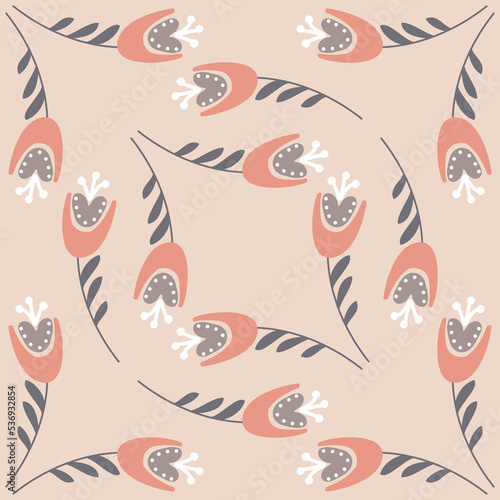Pink flower gray pastel color seamless pattern, bellflower campanula wild flower, organic background vector illustration