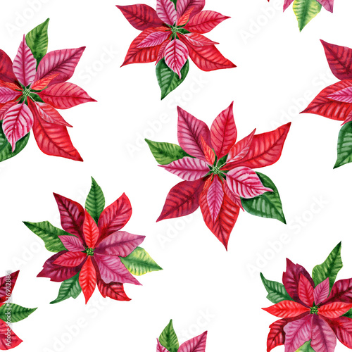 Red poinsettia watercolor seamless pattern. Endless Christmas background. Traditional Christmas decoration. Wrapping paper and backdrop for invitations and congratulations.