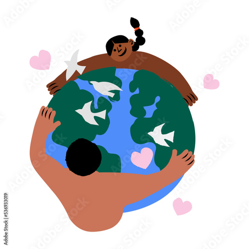 Man and woman hugging earth vector illustration