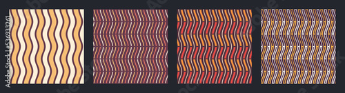 Set of four seamless african fashion vector patterns with regularly repeating wavy lines, stripes. Color seamless background.