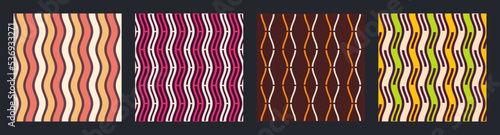 Set of four seamless african fashion vector patterns with regularly repeating wavy lines, stripes. Color seamless background.